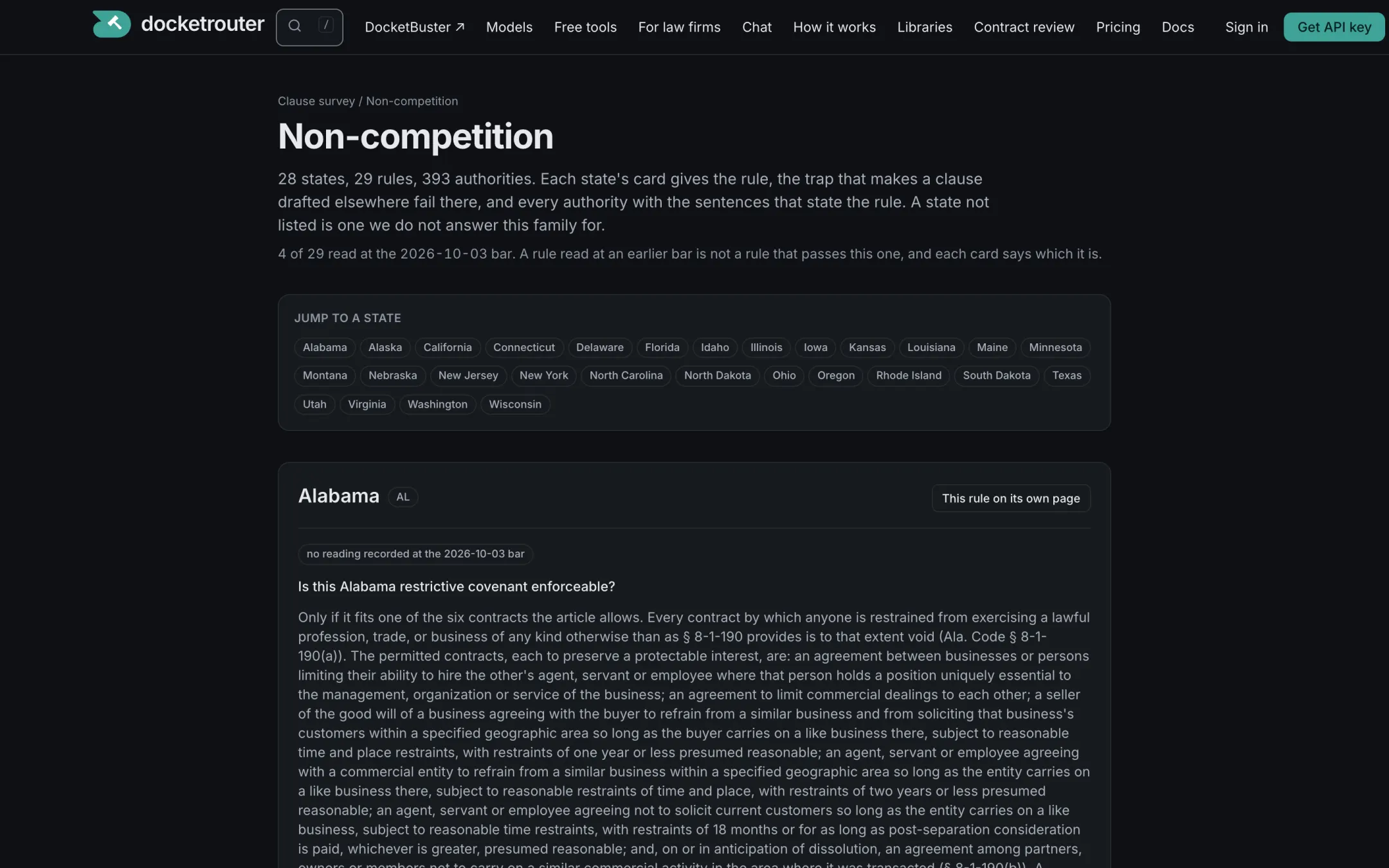The non-competition clause survey: the states we answer it for, and Alabama's card with the rule quoted from the code.