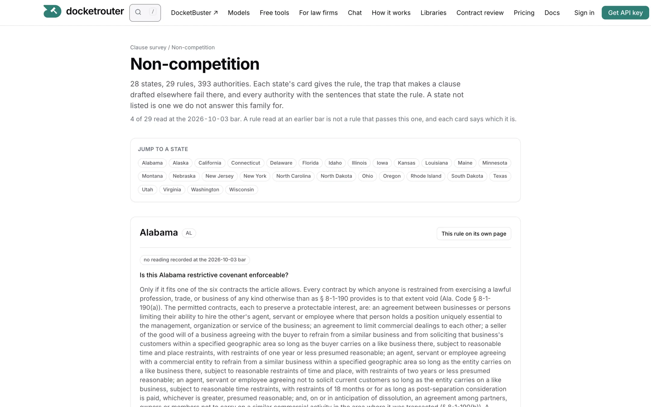 The non-competition clause survey: the states we answer it for, and Alabama's card with the rule quoted from the code.