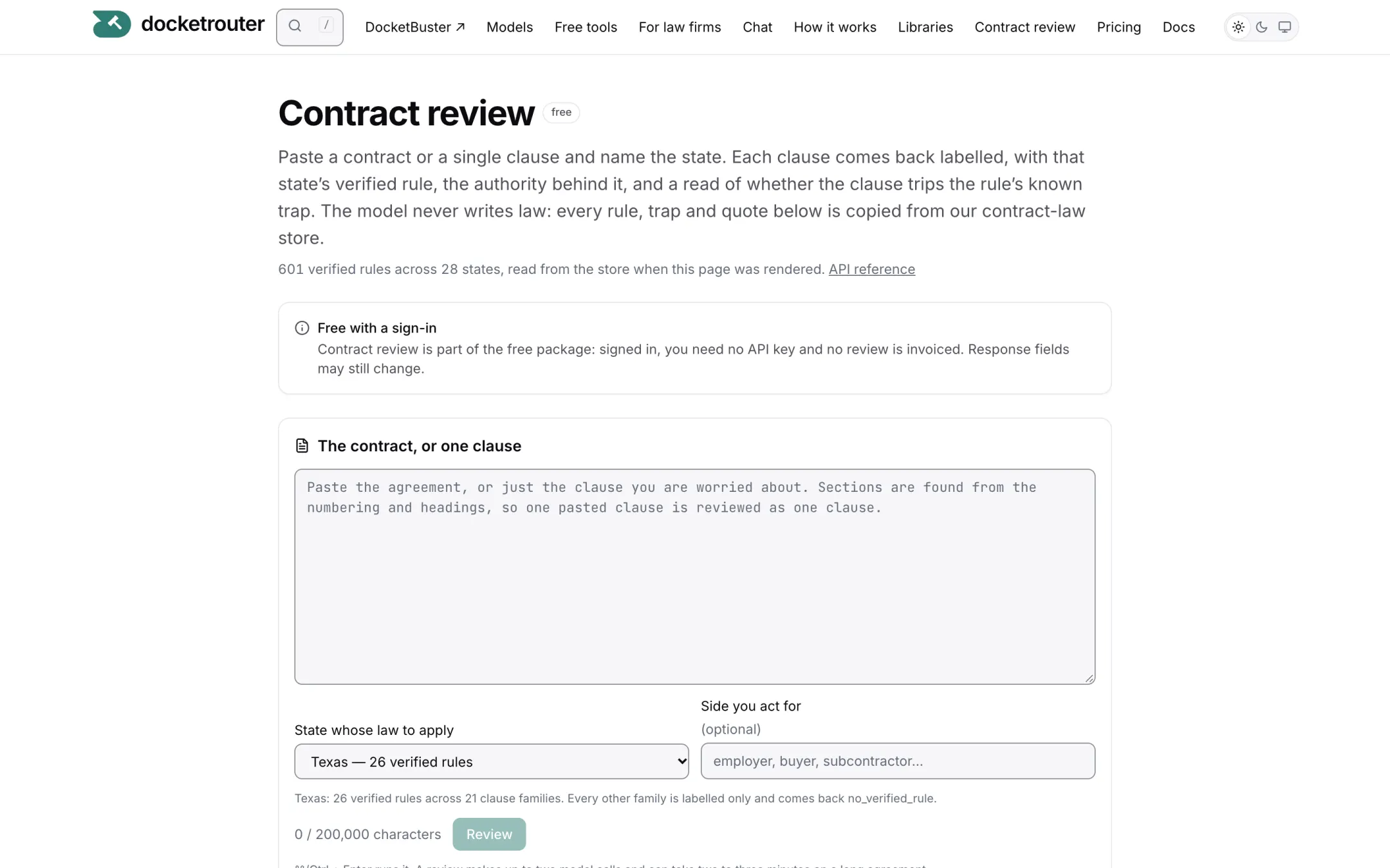 The contract review screen: the paste box, the state menu, and the store's verified-rule coverage.