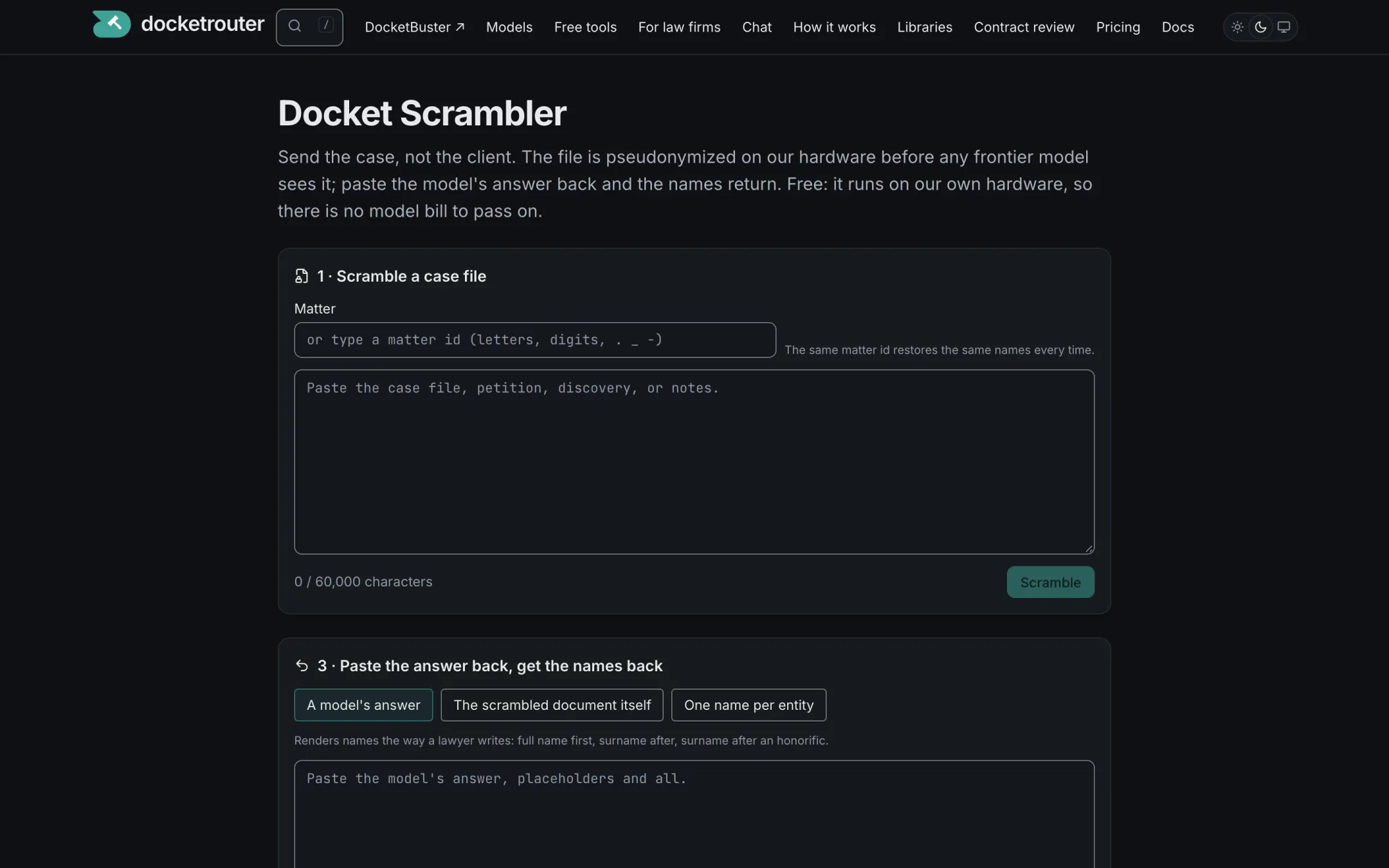 The scrambler's three steps: scramble a case file for a matter, take it to any model, paste the answer back to restore the names.
